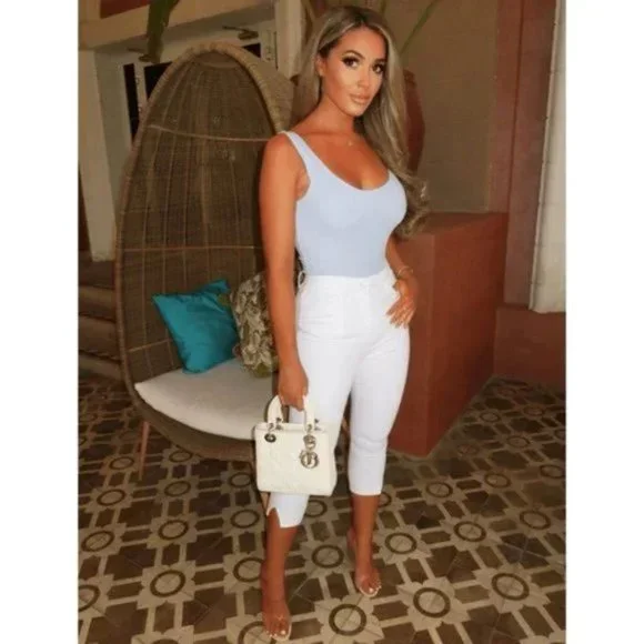 White High Waist Split Hem Skinny Capri Jeans Denim Pants - Picture 6 of 14